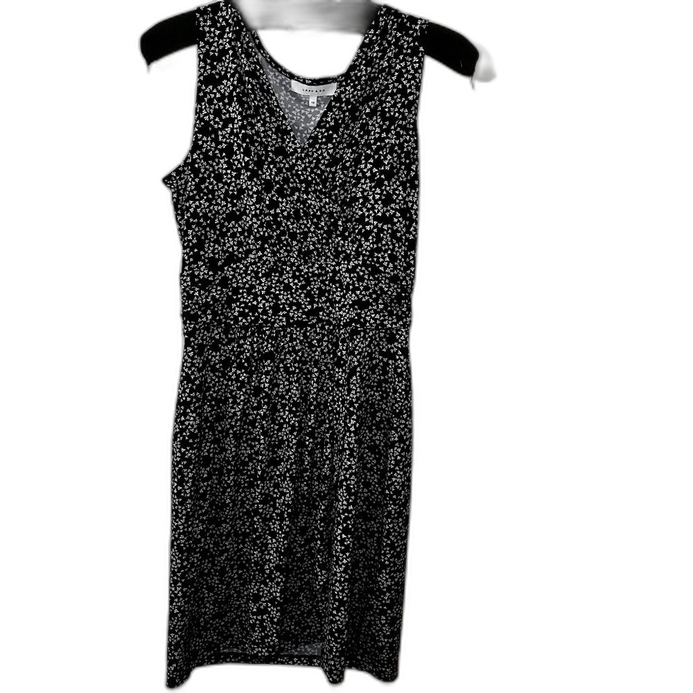 Lark & Ro Women's Faux Wrap Dress Waist Defined Tulip Hem Black White Floral 14